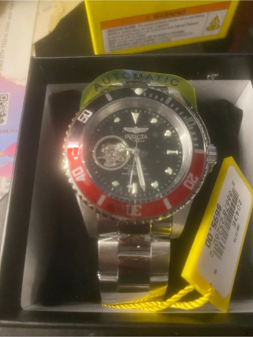New Invicta Men's Automatic Black Dial Stainless Steel Watch with Red Bezel
